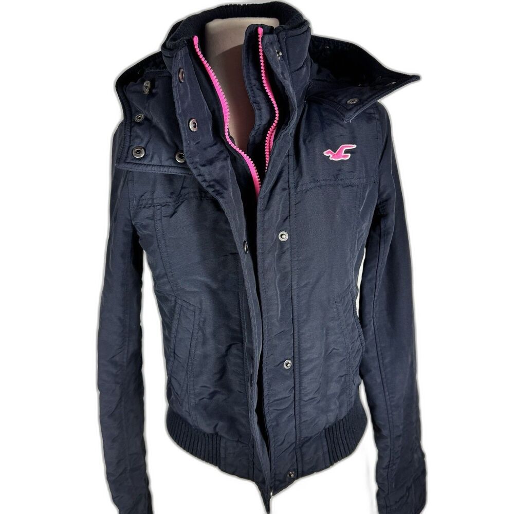 Hollister Women's XS Navy Blue Pink All-Weather Hooded Full Zip Jacket Pockets